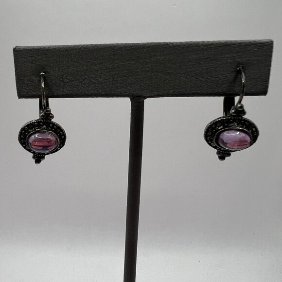 Vintage Pierced Earrings Silver Tone Marcasite Purple Glass‎ Stone - Picture 2 of 10